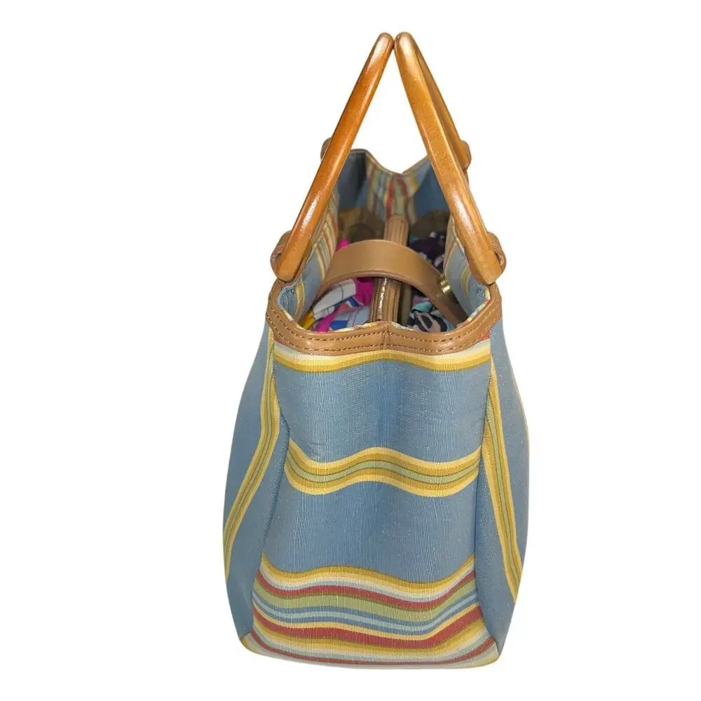 Fossil Cabana Stripe Canvas Wood Handled Satchel Handbag Purse Multicolor